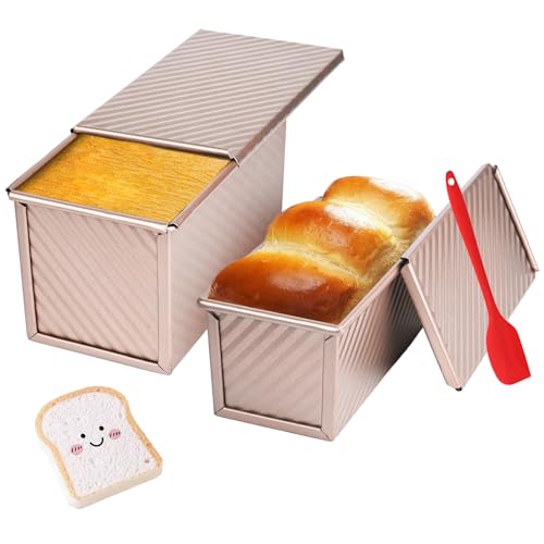 2 Pack Pullman Loaf Pan with Lid, 1 lb/0.5 lb Dough Capacity for Homemade Bread, Non-stick Corrugated Carbon Steel Bread Toast Box with Cover for Bakeware, Sandwich & Toast Oven Baking, Gold