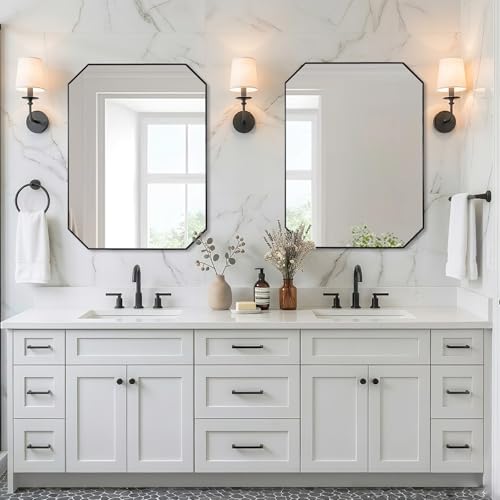 Image of ANDY STAR Black Octagon Bathroom Mirror, 24x32 Inch Stainless Steel Metal Frame, Anti-Rust, Shatterproof HD Glass, Wall Mounted for Bathroom, Bedroom, Living Room