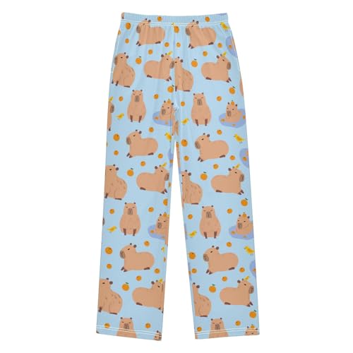 Cute Capybara with Birds Blue Pajama Pants Lounge Sleep Pants Elastic Waist Long Pajama Bottoms with Pockets for 6-14 Years