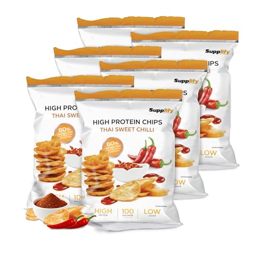 Supplify - Supplify 6 x 50 g Chips Protéinées (Vegan, Saveur Thai Sweet Chili), Chips Protéinées Faibles en Glucides pour la Perte de Poids, Chips Protéinées Faibles en Calories, Snack Fitness Alternatif