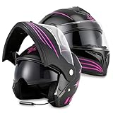 Casco de Moto para Mujer, Casco Flip-Up con Luces LED y Auricular Bluetooth, Doble Visera, Material ABS+EPS, Universal para...
