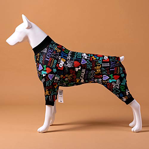 LovinPet Large Pajamas/Post Surgery Shirt/UV Protection/Love My Dog Words Black Prints/Post Surgery Shirt/UV Protection, Pet Anxiety Relief, Wound Care for Large Dog Onesies