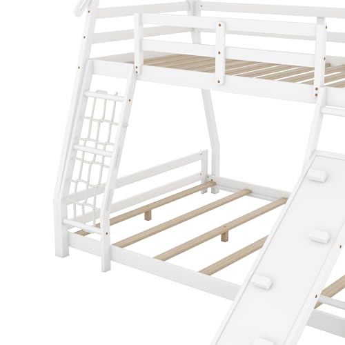 Harper & Bright Designs White Twin Over Queen Bunk Bed with Climbing Nets and Climbing Ramp,Wooden Playhouse Bunk Beds for Kids,Girls & Boys,No Box Spring Needed - Thumbnail 4