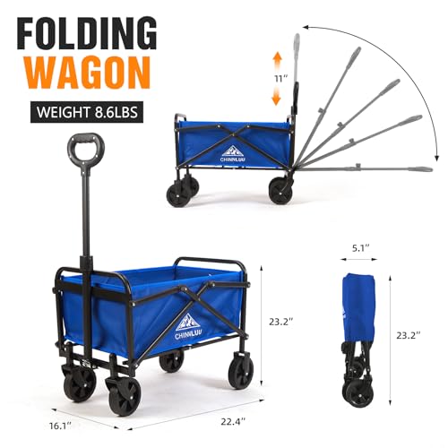 Small Folding Wagon Cart with Wheels up to 180lbs, Collapsible Portable Beach Garden Wagon for Grocery Shopping Camping, All-Terrain Silent Universal Wheels, Two Cup Holders, Large Capacity