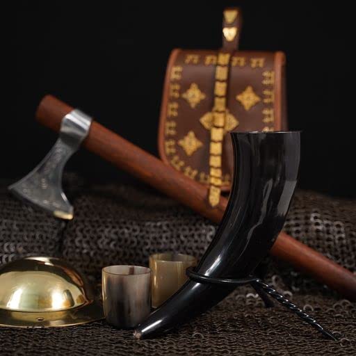Mythrojan Corne à boire authentique d'inspiration médiévale Viking Wine/Hydromel 500 ml Bundle avec porte-corne de bière forgé à la main et verre à shot en corne de viking, paire de verres à shot