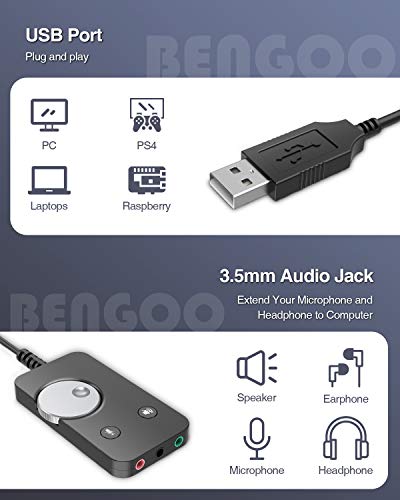 USB Sound Card 7.1 Channel BENGOO USB Audio Headset Headphone Aux Adapter with USB to 3.5mm Audio and Microphone Jack, External Stereo Sound Card for Gaming Headset, Windows, Laptops, PC, Mac, PS4