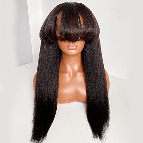 26inch 9A Grade Yaki Straight Human Hair Wigs with Bangs for Women 130% Density Scalp Top Base None Lace Glueless Kinky Straight Human Hair Wig with Bang Pre Plucked Baby Hair Brazilian Remy Hair