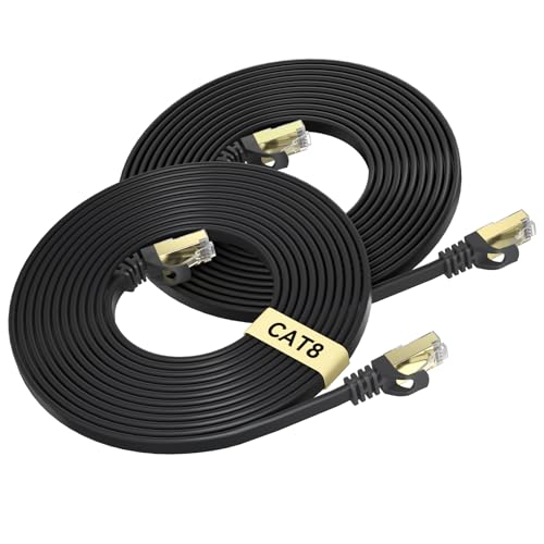 BUSOHE Cat 8 Ethernet Cable 10 FT 2-Pack, 40Gbps 2000MHz Cat8 High Speed Flat Internet Network Patch Cord, SFTP Shielded LAN Wire with Gold Plated RJ45 Connector for Outdoor Indoor - 10FT Black