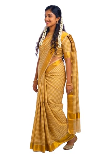 Image of Kerala Traditional Tissue Saree for Women with Running Blouse | South Indian Ethnic Saree for Weddings Onam Vishu Temple Wear & Festivals