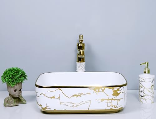 Image of LUXART Rectangular Ceramic Vessel Sink, White with Gold Marble Pattern Design, 16 x 12 x 6 Inch Luxury Tabletop Wash Basin for Bathroom Vanity, Hotel & Guest Rooms