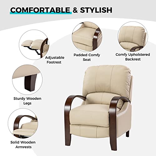 Hulala Home Genuine Leather Manual Recliners Set Of 2 With Wood Armrest & Feet, Headrest & Lumbar Support, Mid-Century Modern Push Back Reclining Armchairs For Living Room Bedroom, Beige #TOP4