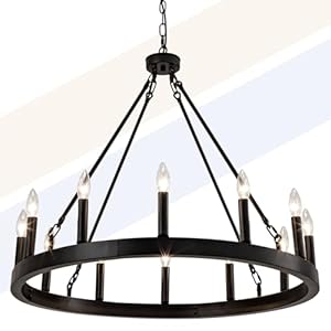 ZVL 32 Inch Black Wagon Wheel Chandelier – 12-Light Farmhouse Style Adjustable Height Round Iron Ceiling Light for Living Room, Dining Room, Entryway, E12 Socket