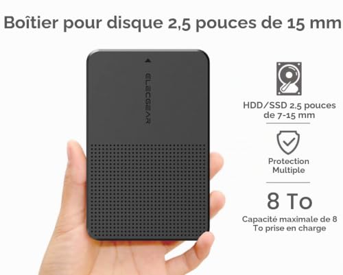 ElecGear USB C 3.1 Gen2 Boîtier Externe pour Disque Dur 2.5'' Pouces de 7mm à 15mm, Adaptateur Case Caddy pour SATA Hard Drive SSD et HDD, Type-A Câble avec USB Type-C Convertisseur – vue 3