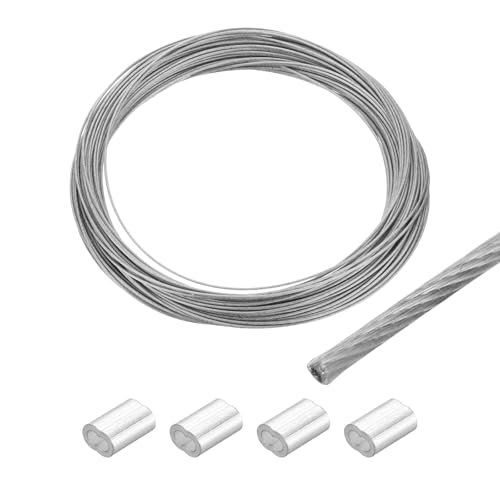 MECCANIXITY 66Ft(20M) Wire Rope 304 Stainless Steel Cable 1/16" (1.5 mm) Vinyl Coated with 4pcs Aluminum Sleeves for Hanging, Clotheslines, Lifting Transparent