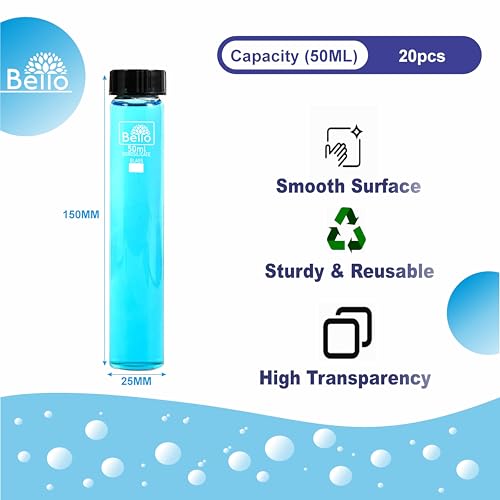 Image of Bello 50ml Clear Glass Vials Culture Tube with PE Stopper, 20pcs Leak-Proof Glass Bottles Containers for Storage Liquid, Essential Oil, Pills and Lab Home Kitchen Use