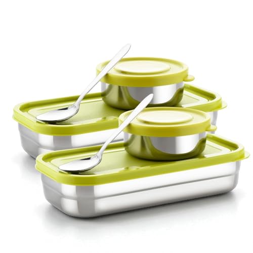 Image of TOFEE Big Stainless Steel Lunch Box for Office & School | Leak-Proof Tiffin with Small Container & Spoon | BPA-Free Airtight Lid | Compact & Durable Lunch Box for Travel (900ml) (Yellow Combo)