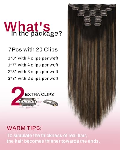 Image of Moresoo Dark Brown Human Hair Clip in Extensions Seamless 24 inch Long And Thick Full Real Human Hair Extensions Clip ins Balayage Dark to Light Brown 150g /7pcs for Party