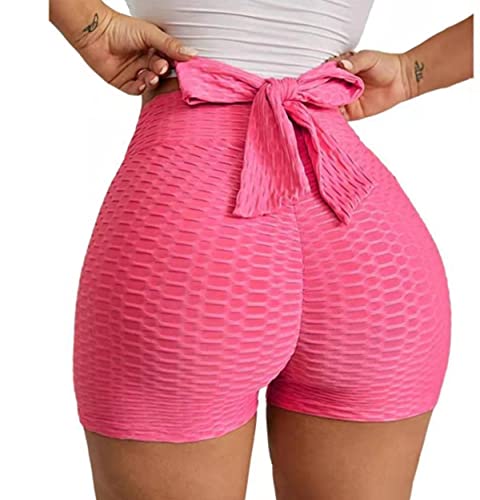 Weibliche Freizeit-Shorts mit Fliege, strukturierte Po-Heben, Sport-Shorts für Frauen, hohe Taille, Po-Heben, elastisch, hohe Sport-Shorts, rosarot, 2XL Cover