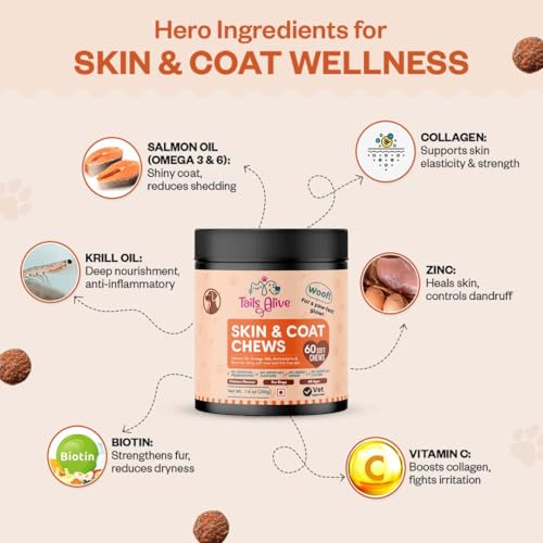 Image of Omega 3 & 6, Salmon Oil Skin & Coat Supplement for Dogs | with Krill Oil, Biotin, Collagen & Zinc | Promotes Shiny, Healthy Coat | 60 Soft Chews