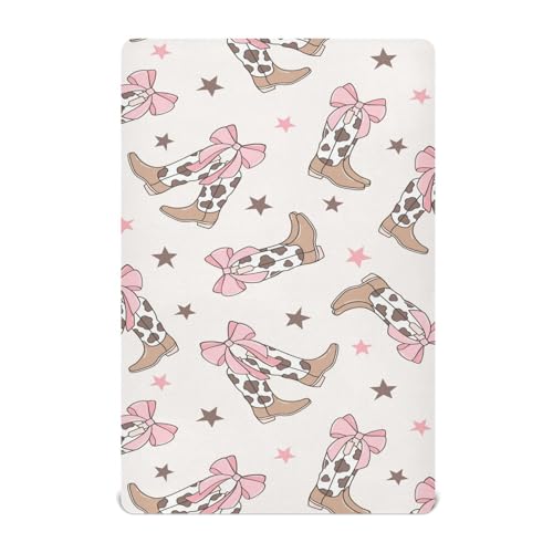 Crib Sheets for Boys Girl Coquette Bows Breathable Mini Crib Mattress Sheets Fitted, Cowgirl Boots Toddler Fitted Playard Sheet Fits Most Standard Baby mattresses 52 * 28 * 9In