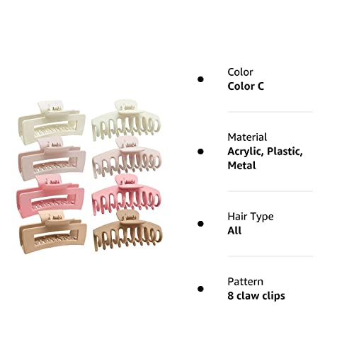 Nlus Large Hair Claw Clips, 8 Pack Hair Clips For Women Girls, 2 Styles Banana Square Jaw Clips, Strong Hold Matte Claw Hair Clips For Thick Hair & Thin Hair, (Cream, Apricot, Light Pink,Khaki) #TOP7