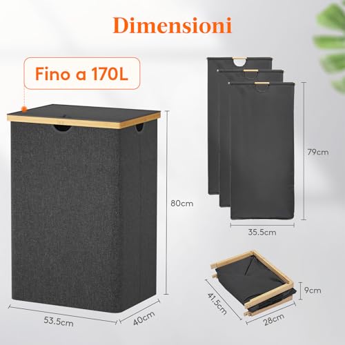 Lifewit 170 L Cesto Portabiancheria in Bambù, Grande Portabiancheria Sporca con Coperchio, Cesta Biancheria Pieghevole con Sacchi Rimovibili per Camera, Bagno, Lavanderia, Grigio Scuro - Immagine 3