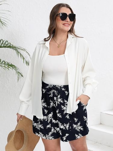 AusLook Plus Size Women's Casual Wide Leg Shorts 5X White Flower Navy Lightweight High Waisted Adjustable Tie Knot Loose Summer Baggy Short Pants with Pockets — view 5