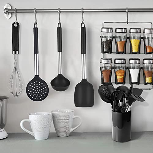 Foto von Rafow Kochutensilien Silikon Küchenhelfer Set Kochgeschirr: 14 PCS Kochgerät mit Pfannenwender Schneebesen Schaber Kartoffelstampfe Home Kitchen Cooking Küchenset Kochenzubehör Edelstahlgriff Schwarz