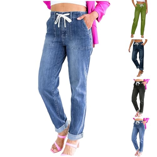 Straight Leg Jeans for Women Business Casual Elastic Waist Jeans Relaxed Fit Comfy Tapered Denim Pants with Pockets