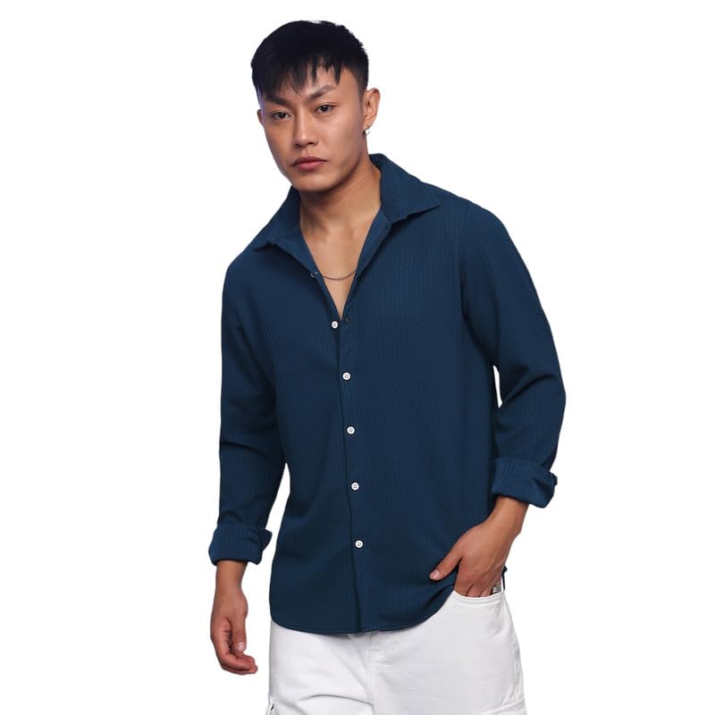 Image of CAHOOT Men's Veined-Textured Shirt | Casual Wear | Spread Collar | Long Sleeve | Button Closure | Shirt Crafted with Comfort Fit for Everyday Wear