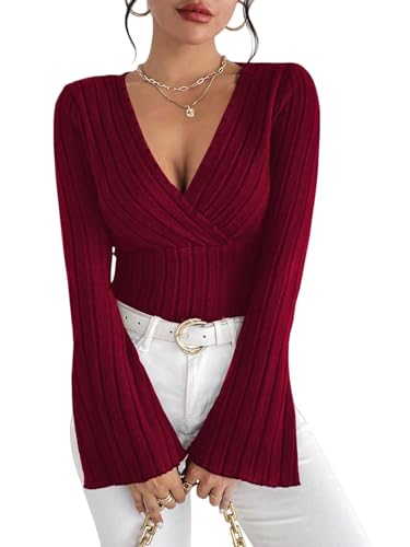 Sukiglam Maglioni Donna Maglia a Maniche Lunghe Sexy Scollo a V Wrap Pullover Maniche a Campana Elegante Leggero Maglioncino Casual T-Shirt Y2K Tops Morbido Sweatshirts Moda Camicia Autunno Inverno