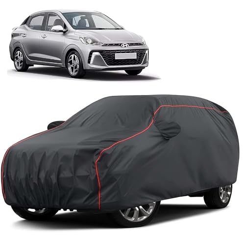 Image of Sulfar 100% Water Resistant Car Body Cover Compatible with Mirror for Hyundai Aura (Triple Stitched, Full Bottom Elastic, Dark Grey Taffeta with Red Piping)