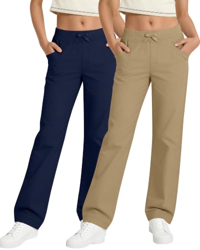 Custoneei 2 Pack Girls School Uniform Pants Kids Straight Leg Stretchy Elastic Waist Dress Sweatpants with Pockets 5-14 Years(9-10 Years,Khaki, Navy Blue)