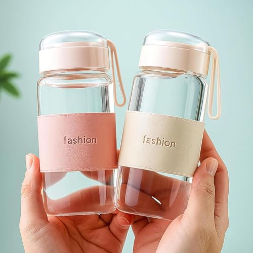 Image of Borosilicate Glass Water Bottle With Lid And Sleeve 340 ML, Set Of 2 Leakproof Borosilicate Glass Travel Mug for Kids, Women & Girls, Perfact For Everyday Use, Road Trip, Collages, School (Multicolor)