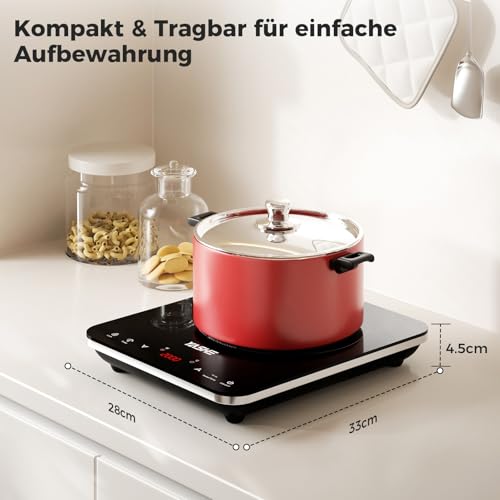 YASHE Induktionskochfeld – Einzel Induktionskochplatte, 10-Leistungseinstellung und 10-Temperaturstufen, 2000W Induktionskochfeld 1 Platte, 4-Stunden-Timer, Sicherheitsschloss, Mobil