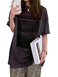 [ｕｒｉｃｃａ＼ウリッカ] チャコール Lサイズ Tシャツ レディース 半袖 プリント ロゴ ゆったり 白 着痩せ 華奢見え シンプル トレンド カットソー クルーネック トップス オーバーサイズ 韓国 春 夏[郵1.5]^^t1052^