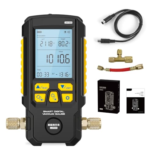 Medidor de vacío digital inteligente LM100, HVAC de 0 a 2000 mbar, resolución de 0,1 mbar, precisión de ±0,2% Medidor de vacío Compensación de temperatura Medidores HVAC con 4 unidades (Torr, inHg, m