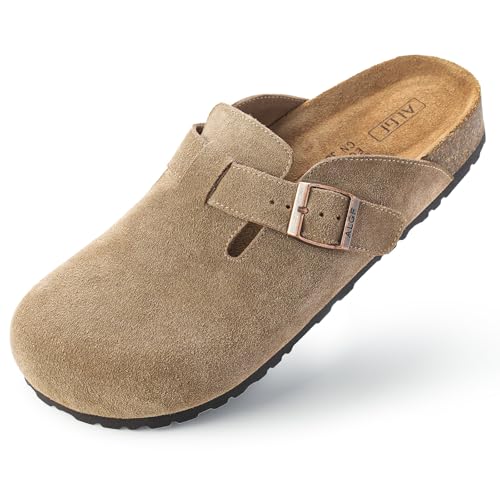 ALGF Women’s Genuine Suede Clogs for Women Slip-On Buckle Slides Women's Mules & Clogs Natural Rubber Cork Footbed Sandals Potato Shoes with Arch Support
