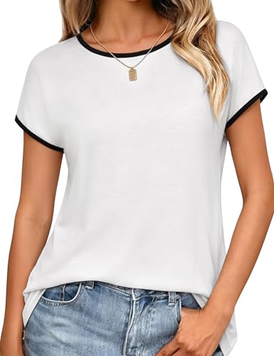 Leversic Casual Women Tops Plain Short Sleeve T-Shirt Crew Neck Regular Fit Summer Tunic Basic Tee (White,M)