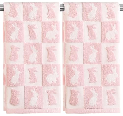 Quera 2 Pack Easter Hand Towels White Pink Rabbit Bunny Checkered Spring Bathroom Decorative Towels Set for Bath,Kitchen,Bar,Gift,13.7'' x 29.5'' by Quera - Used condition - US$9.49