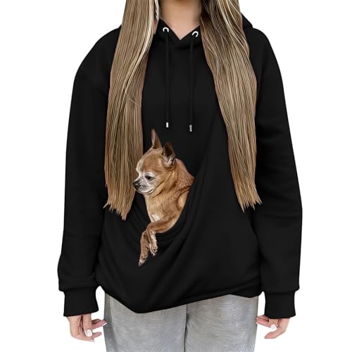 HJINGSUN Cat Pouch Hoodie for Women Kangaroo Pocket Dog Pouch Sweatshirts Pet Carrier Pullover Animal Holder Long Sleeve Tops, Black, X-Large
