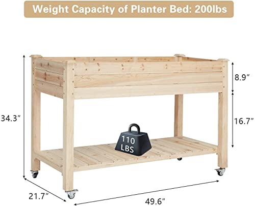 Kintness Raised Garden Bed Large- Elevated Wood Planter Box With Wheels Storage Shelf Stand For Backyard Patio 50" Lx 21" Wx 34" H #TOP5