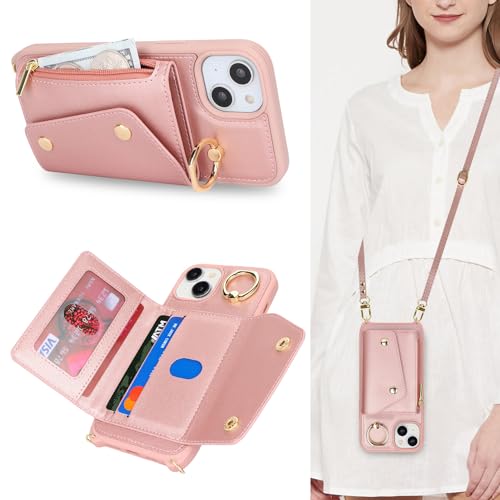 Lipvina for iPhone 15 Plus Case with Card Holder and Strap - Zipper Pocket,Crossbody Lanyard Strap,Credit Card Holder,Stand Ring,Cute Phone Wallet Case for Women(Rose Gold,6.7 Inch) by Lipvina - Used condition - US$14.10