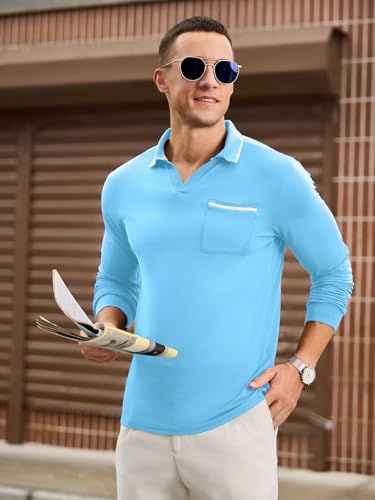 Mens Polo Shirts Long Sleeve Lightweight Casual Collared Polo Shirt Vintage Golf T Shirts Old Money Tops with Pocket2