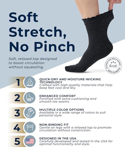 Image of Pembrook Frill Knit Diabetic Socks for Women & Men with Bamboo Viscose - 6 Pairs Non Binding Wide Neuropathy Socks for Women