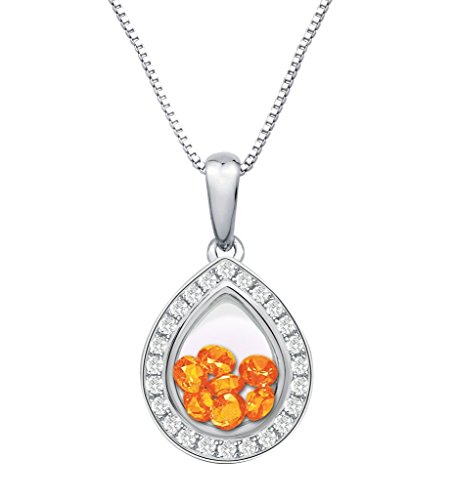 PARIKHS Pear Pendant Floating Orange Cubic Zirconia Inside -CZ Border - Sterling Silver