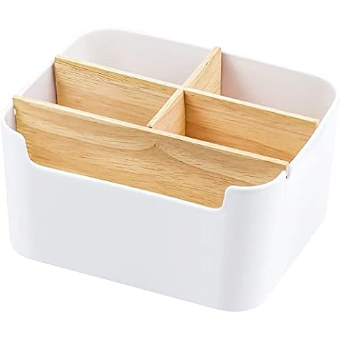 Desk Organizer, Lre Co. Wooden Pen Holder Desktop Storage Remote Control Holder Wood Multifunctional Storage Box Pencil Holder Set Bamboo Desk Accessories for Pencil Note Glasses Cosmetics, White Cover