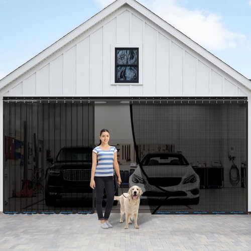 Sliding Garage Door Screen 16x7FT for 2 Car Garage Doors, Fiberglass 4250g-9.4 lb Durable Heavy Duty Mesh, Retractable Garage Door Screen for Patio, Outdoor (Black, 16 * 7FT)
