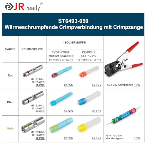 JRready ST6493-050 Kit de connecteurs étanches IP68 avec outil de sertissage ACT-232, connecteur épissure butt 12# 16# 20# & connecteur anti-choc PVDF/PE et jauge G411 Go-No Go – vue 2