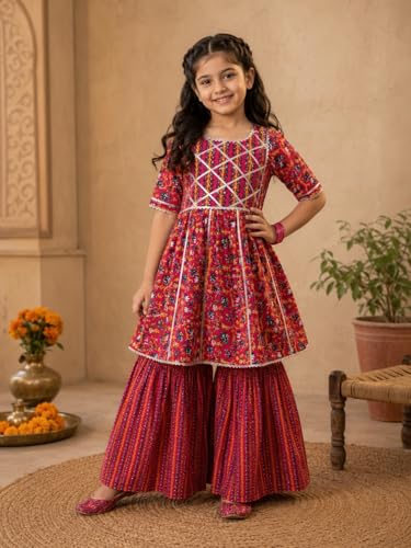 Image of superminis Baby Girl's Cotton Sanganeri /Floral Printed Frock Style Kurti With Printed Sharara Dress Clothing Set